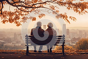 an elderly couple, a man and a woman, are sitting on a bench and enjoying the scenery, beautiful landscape at sunset, rear