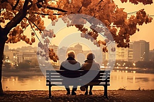 an elderly couple, a man and a woman, are sitting on a bench and enjoying the scenery, beautiful landscape at sunset, rear
