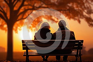 an elderly couple, a man and a woman, are sitting on a bench and enjoying the scenery, beautiful landscape at sunset, rear