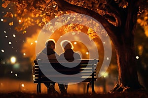 an elderly couple, a man and a woman, are sitting on a bench and enjoying the scenery, beautiful landscape at sunset, rear