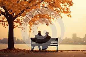 an elderly couple, a man and a woman, are sitting on a bench and enjoying the scenery, beautiful landscape at sunset, rear
