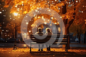 an elderly couple, a man and a woman, are sitting on a bench and enjoying the scenery, beautiful landscape at sunset, rear