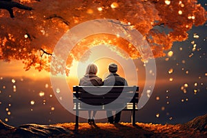 an elderly couple, a man and a woman, are sitting on a bench and enjoying the scenery, beautiful landscape at sunset, rear view