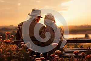 an elderly couple, a man and a woman, are sitting on a bench and enjoying the scenery, rear view