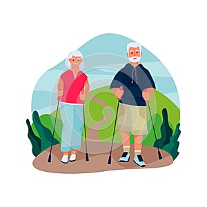 Elderly couple nordic walking in the mountains. Vector flat cartoon illustration of spring or summer outdoor leisure