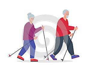 Elderly couple with nordic walking poles