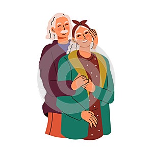 Elderly couple. Old people love. Grandparents happy family together. Beloved senior characters hugging. Grandfather and