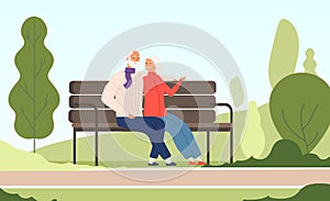 Elderly couple park. Seniors happy grandfather grandmother sitting on bench old family in summer nature city park vector