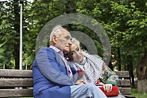 Elderly couple, People sitting, park bench, copy space