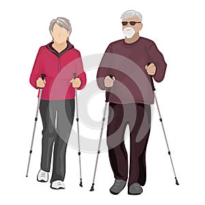 Elderly couple performing Nordic walking Vector illustration.Old people activity.