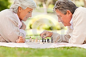 Elderly couple playing chess