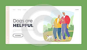 Elderly Couple Promenade With Pet Landing Page Template.Smiling Characters Walking With Dog at Park. Spend Time Together