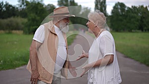 Elderly couple quarreling on the road in a city park outdoors on a summer day. An elderly man and woman shout at each