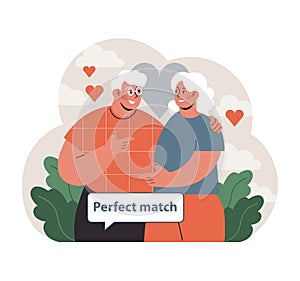 Elderly couple radiates joy, discovering their perfect match. Flat vector illustration