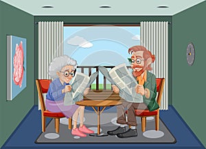 Elderly couple reading newspapers