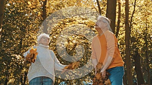 Elderly couple relaxing in nature. throwing yellow leaves in the air