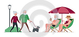 Elderly couple retired grandparents rest in park and relax on beach. Old people walk with dog. Senior persons relaxation