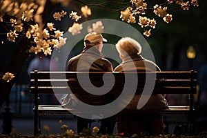 Elderly couple sitting on a bench in park, flowers all around, loneliness