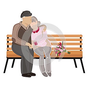 Elderly couple is sitting on a bench in the park vector illustration.Seniors rest outdoors. flat isolated illustration