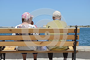 An elderly couple is sitting on a bench by the sea and admiring the seascape, the view from the back