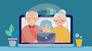 An elderly couple sitting side by side engrossed in a video call with their grandchildren on their tablet.. Vector photo