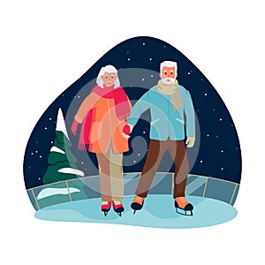 Elderly couple skate on ice rink. Vector flat cartoon illustration of winter outdoor leisure. Seniors active lifestyle