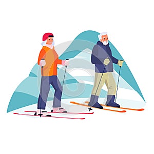 Elderly couple skiing in the mountains. Vector flat cartoon illustration of winter outdoor leisure