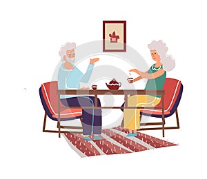 Elderly couple spending time together. Cartoon old characters resting in cafe. Senior man and woman drinking tea. Family