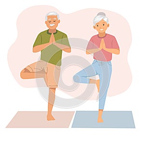 Elderly couple spends time outdoors.happy senior man and woman doing yoga balance at home. healthy concept