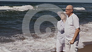 An elderly couple is standing on the beach by the sea.