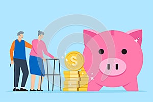 Elderly couple stands with stack dollar coins and pink piggy bank in flat design