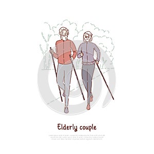 Elderly couple on stroll, fitness, sport exercise, married seniors pair outdoor recreation, active retirement banner