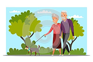 Elderly couple on stroll flat vector illustration