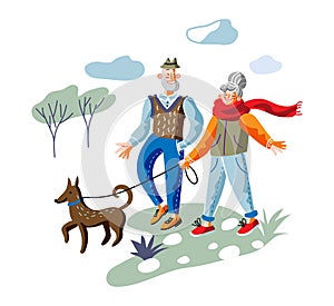 Elderly couple on stroll flat vector illustration. Old man and woman, husband and wife cartoon character. Aged pair on