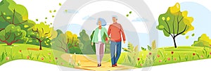 Elderly couple strolling on asphalt path in park, holding hands