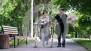 An elderly couple strolling peacefully in the park. A man and woman enjoying a leisurely walk amidst nature.