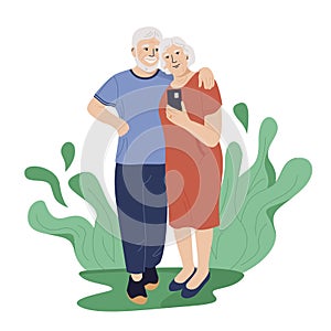 Elderly couple taking selfie. Cheerful grandparents having summer vacation together. Flat vector cartoon illustration of