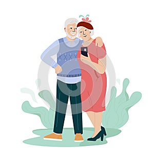 Elderly couple taking selfie. Cheerful grandparents having summer vacation together. Flat vector cartoon illustration of