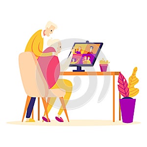 Elderly couple talk by video conference with family: children and grandchildren. Old lady and old man online via video