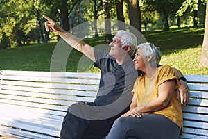 Elderly couple talking resting sit on bench in park