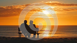 Elderly Couple Together Enjoying Sunset on Beach Bench
