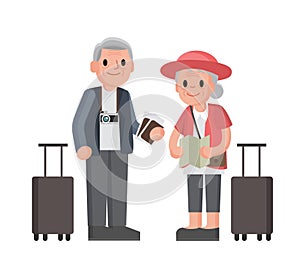 Elderly couple of tourists. Grandmother and grandfather with suitcases are traveling . Senior couple walking.