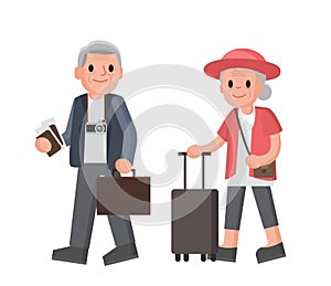 Elderly couple of tourists. Grandmother and grandfather with suitcases are traveling . Senior couple walking.