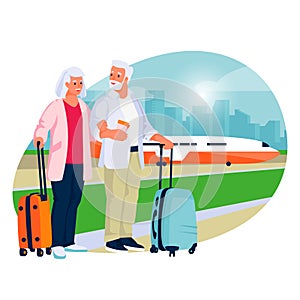 Elderly couple travel by airplane. Vector flat cartoon illustration of tourism and vacation for pensioners and seniors
