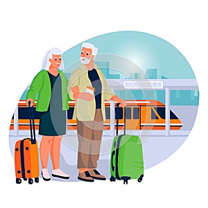 Elderly couple travel by train. Vector flat cartoon illustration of tourism and vacation for seniors and pensioners