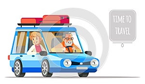Elderly couple traveling together in a car. Older people life style vector flat illustration and life adventure and