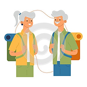 elderly couple travels the world. Active elderly people. Flat vector illustration