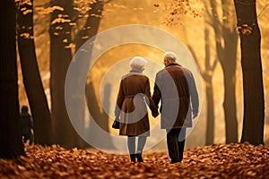 Elderly couple walking in the autumn forest. Fall season, elderly couple walking together in autumnal forest, AI Generated