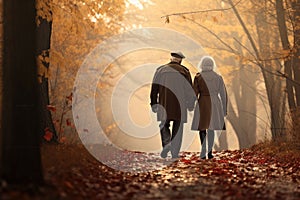 Elderly couple walking in autumn park. Retired people lifestyle, elderly couple walking together in autumnal forest, AI Generated