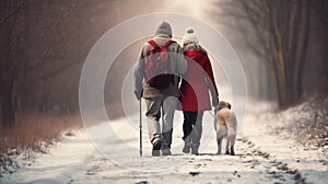 Elderly couple walking on a cold winter day with their dog. Loving family walking. Generative AI